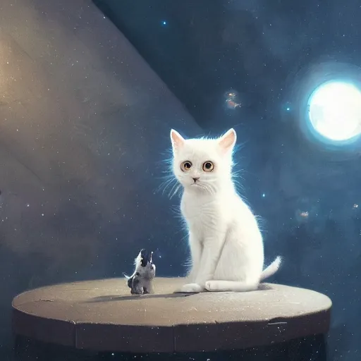 Prompt: cute little white cat in space with big eyes, hyper realistic, natural light, concept art, by greg rutkowski, cozy atmospheric and cinematic lighting