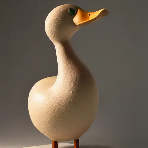 Image similar to a sculpture of duck made of water, a painting in background, studio lighting