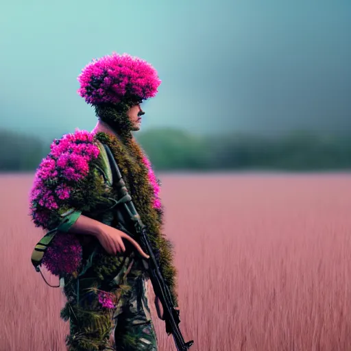 Prompt: a sniper in ghillie suit with pink flowers, walking in high grass field, artstation, concept art, cinematic, cinematic lighting, sharp focus