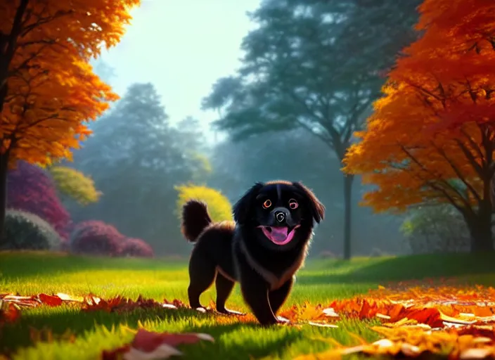 Image similar to a wholesome animation key shot of a black tibetan spaniel, autumn trees in the background, autumn leaves in the foreground, studio ghibli, pixar and disney animation, sharp, rendered in unreal engine 5, anime key art by greg rutkowski, bloom, dramatic lighting