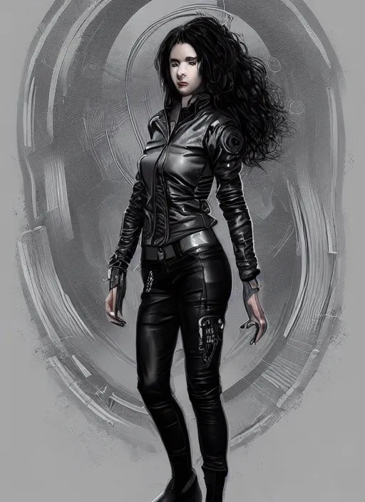 Image similar to girl in cyberpunk! top and gray and black! leather jacket, open belly, long dark curly hair, high waist jeans, intricate, elegant, highly detailed, digital painting, artstation, concept art, smooth, illustration, art by artgerm and greg rutkowski and alphonse mucha