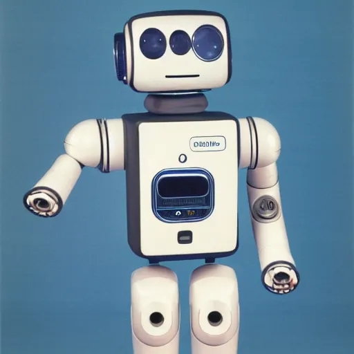 Prompt: personal robot product photo, 1 9 8 0 s, by apple, mac, heathkit hero, r. o. b., omnibot