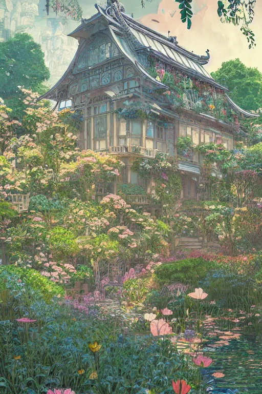 Prompt: a beautiful hyperdetailed illustration of absolutely beautiful blooming flower house alone, perfectly shaded, atmospheric lighting, style of studio ghibli, makoto shinkai, raphael lacoste, louis comfort tiffany, artgerm, james jean, victo ngai, ross tran, chinese style