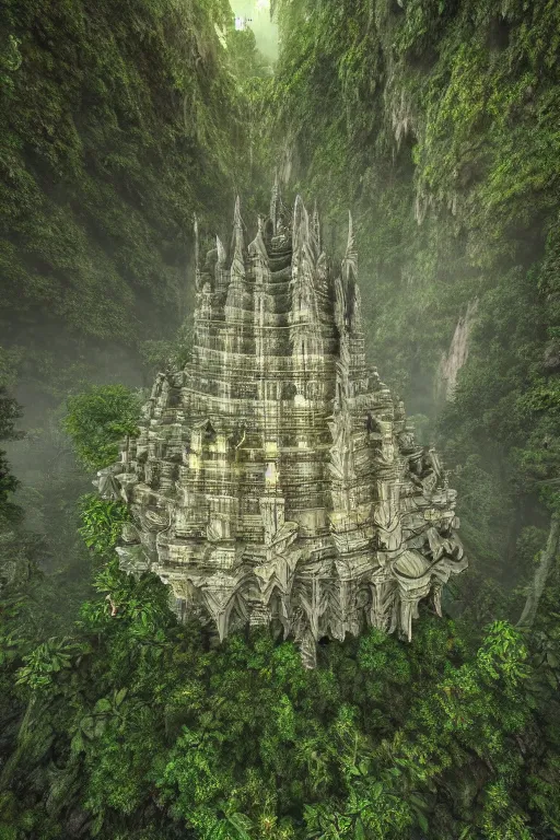 Image similar to ancient fractal temple megastructure in the hanging gardens of a radiant forest jungle, overgrown garden, scanned earth terrain fractal bridges, highly detailed erosion algorithm landscape, by albert bierdstat, by glenn small, high resolution, 8 k photorealism, populated by luminous beings, god rays in volumes of fog, looking up perspective