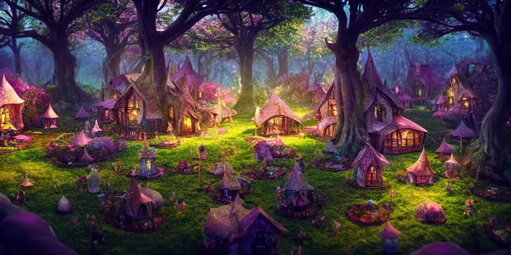 Image similar to inside an ethereal magical fairy village, highly detailed, 8 k, hdr, award - winning, octane render, artstation