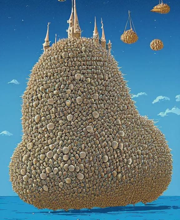 Prompt: inflated cathedral made from obese urchin mollusks, in the style of a puffy spaceship, skeletons, bones, partly cloudy, spooky, dramatic lighting, by geof darrow, bill sienkiewicz, dan mumford, yusuke murata, makoto shinkai, ross tran, cinematic, unreal engine, cel shaded, featured on artstation, pixiv