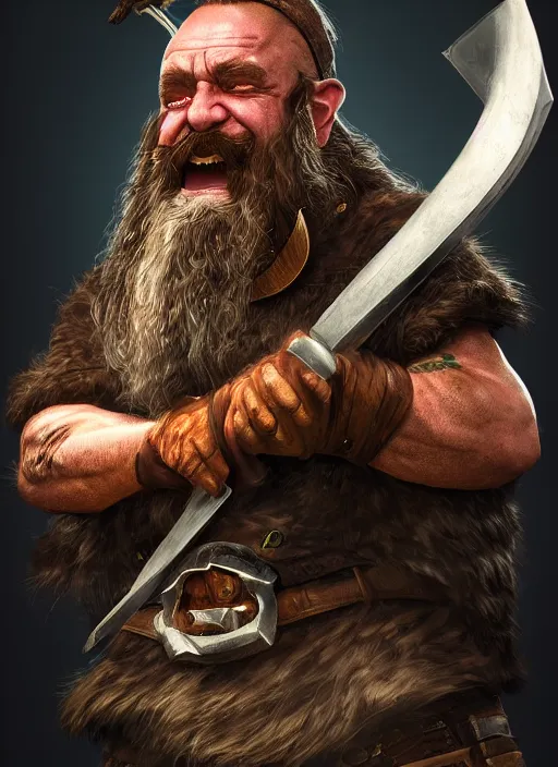 Image similar to stunning portrait of a axe wielding maniac fantasy dwarf, artstation, nvidia, vray