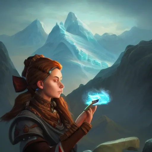 Image similar to mage smoking pipe, female, glacier landscape, D&D, fantasy, intricate, elegant, highly detailed, digital painting, artstation, octane render, concept art, matte, sharp focus, illustration, hearthstone, art by leonardo da vinco