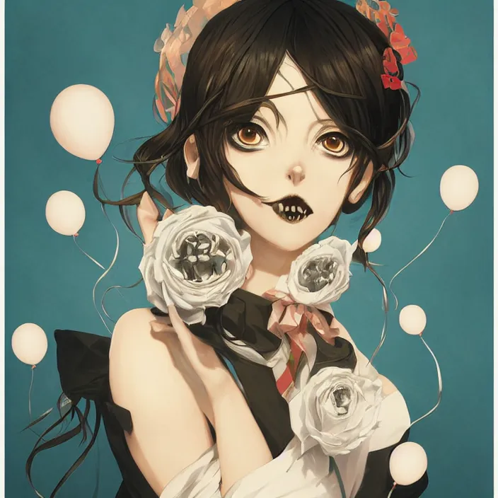 Image similar to anime skull portrait woman, balloons, mucha, hard shadows and strong rim light, art by jc leyendecker and atey ghailan and sachin teng