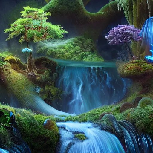 Prompt: tom bagshaw, elementals water wave, soft painting render curiosities carnival pond river vegetation rocks bugs wildlife mushrooms covered moss bioluminescent wisps, beautiful stunning waterfall, accurate features, focus, very intricate ultrafine details, random volumetric lighting, fog, award winning masterpiece, octane render 8 k hd, artstation