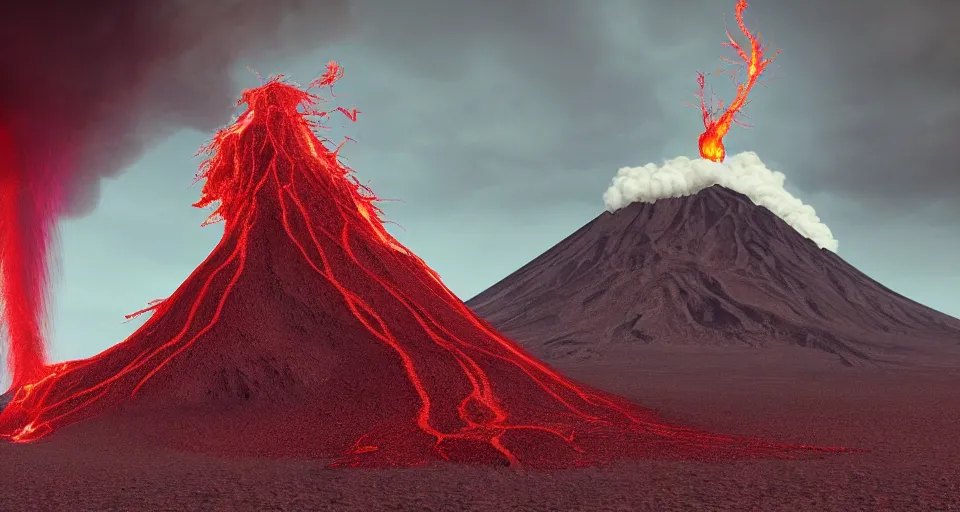 Prompt: a volcano made of ivory vines and crimson rocks enters in eruption, it spits a smoke in the shape of demonic eye, by Beeple