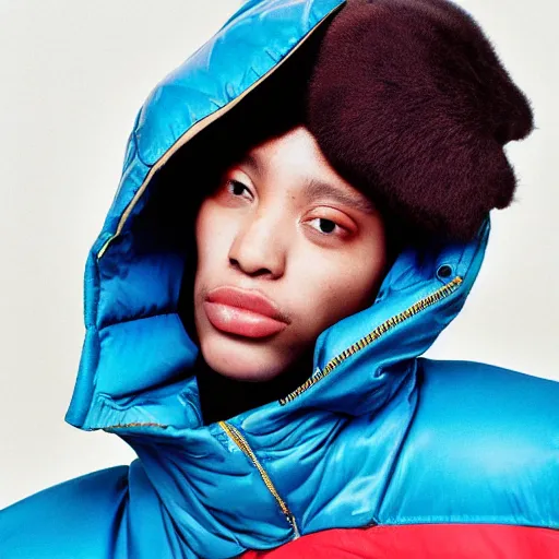 Image similar to realistic! photoshoot for a new balenciaga lookbook, color film photography, portrait of a beautiful woman wearing a puffer jacket, photo in style of tyler mitchell, fisheye lens