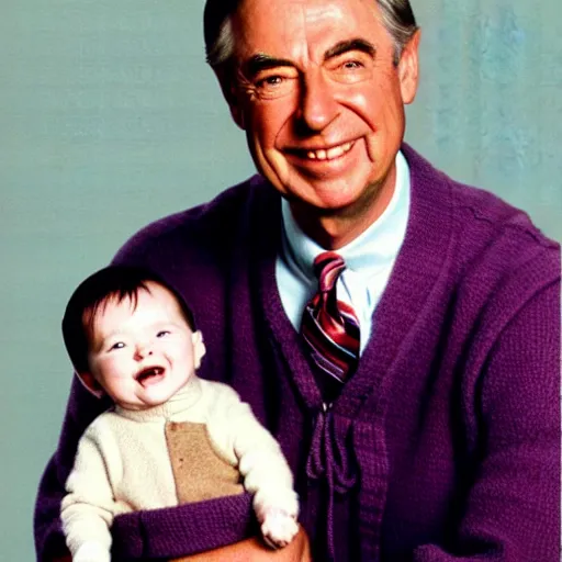 Prompt: mr. rogers proudly displaying an upside - down infant. 1 9 7 0 s studio color photo.