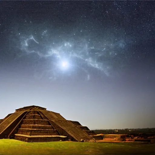 Prompt: Alien ship landing on teotihuacan pyramids at night flashes of light epic cosmic background starry night realistic photograph