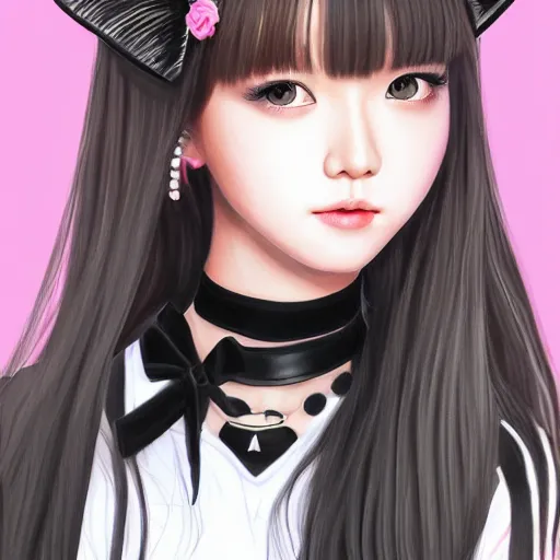 Image similar to realistic detailed semirealism beautiful gorgeous cute Blackpink Lalisa Manoban wearing school uniform, black hair black cat ears, black leather choker, proportional body, WLOP, Aztodio, Taejune Kim, sakimichan, ArtGerm, Pixiv, Instagram, Artstation