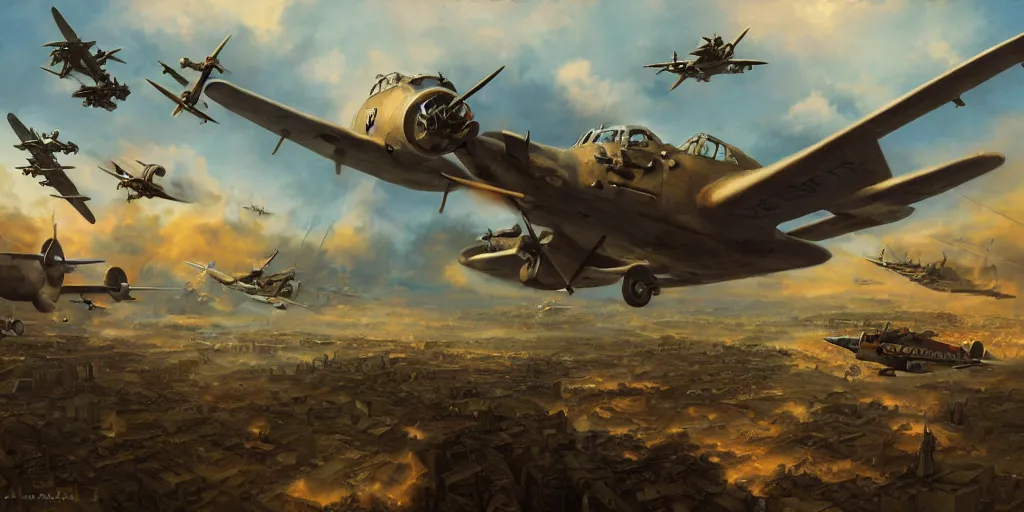 Prompt: airplane battle, ww2, world war 2, wide shot, by Jason Felix by Steve Argyle by Tyler Jacobson by Peter Mohrbacher, oil painting, matte painting, artistic, painting, art