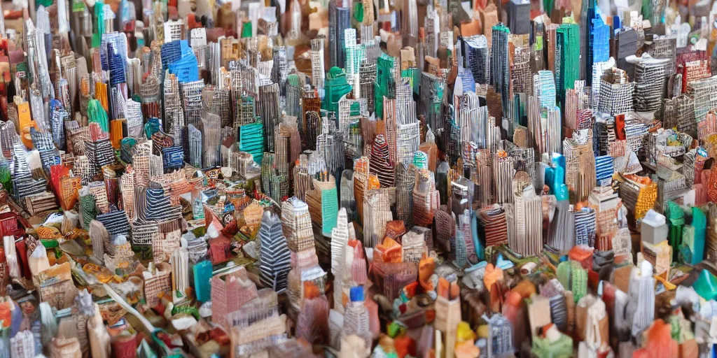 Prompt: a model of manhatten constructed out of fast food cups, straws and cardboard packaging, miniature photography, diorama, wide - angle macro lens, art, award - winning, beautiful high resolution