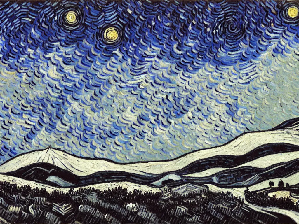 Image similar to thick impasto textured oil black and white painting of the laurentian appalachian mountains in winter by vincent van gogh, unique, original and creative landscape, snowy night, distant town lights, aurora borealis, deers and ravens, footsteps in the snow, brilliant composition