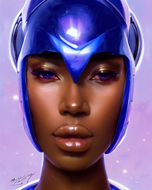 Image similar to Portrait of very very very very very very beautiful african woman, spacesuit, futuristic cybernetic helmet, blue eyes, real life skin, intricate, elegant, highly detailed, artstation, concept art, smooth, sharp focus, art by artgerm and greg rutkowski and alphonse mucha