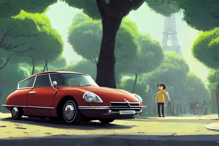 Image similar to a wholesome animation key shot of!! one!! focused! 1 9 7 4 citroen ds! in a tree lined paris street, medium shot, studio ghibli, ( pixar ) and disney animation, sharp, very detailed, high resolution, rendered in unreal engine 5, anime key art by greg rutkowski, bloom, dramatic lighting