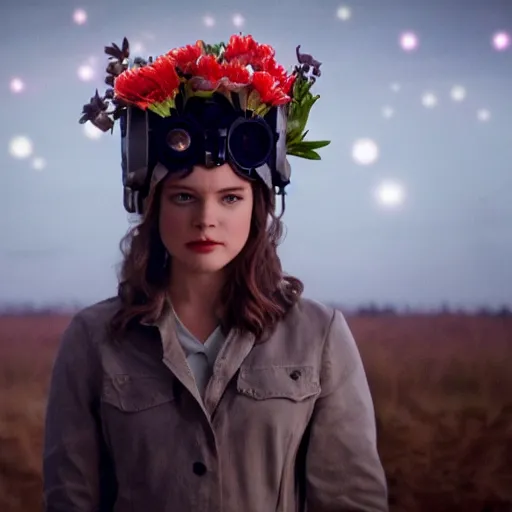 Image similar to movie still of a girl with a cyborg flowers helmet, cinematic composition, cinematic light, by edgar wright and david lynch