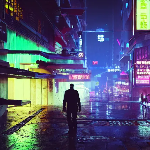 Prompt: A man with nothing left to lose, wandering in the hostile neon-soaked dirty streets of a city from the future, armed and dangerous, cyberpunk. night, rain, dark clouds, realistic 4k octane beautifully detailed render, 4k post-processing, highly detailed, intricate complexity, epic composition, magical atmosphere, cinematic lighting, masterpiece, ultra hd