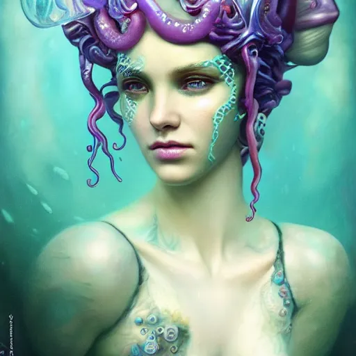 Prompt: tom bagshaw, ultra realist portrait waves miniatures underwater curiosities squids carnival, a single very beautiful dollpunk with long tentacles hairs in full underwater mermaid armor, symmetry accurate features, focus, very intricate ultrafine details, green purple aqua volumetric lights, award winning masterpiece, octane render 8 k hd