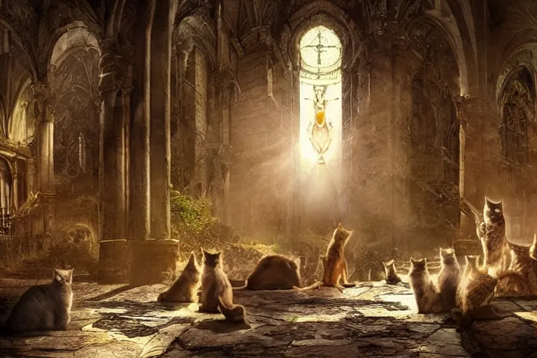 Image similar to concept art of ancient cathedral of forgotten cat people, ritual, many cats national geographic, high fantasy, strong perspective, sacred perfect lighting,