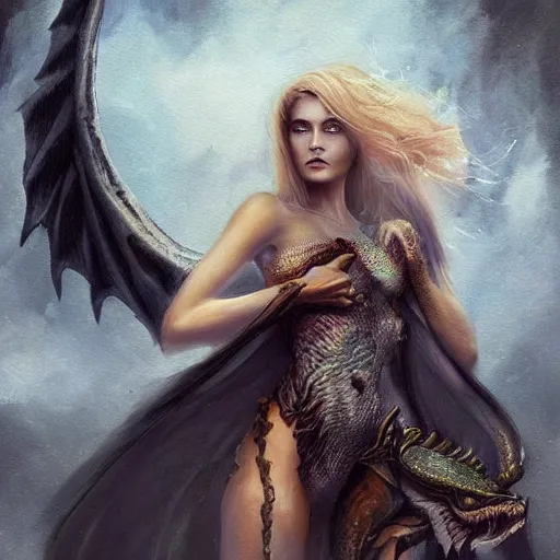 Image similar to a beaufitul painting of a young woman with dragon wings and with dragon scales on her skin, concept art, atmospheric, photo realistic, magical atmosphere