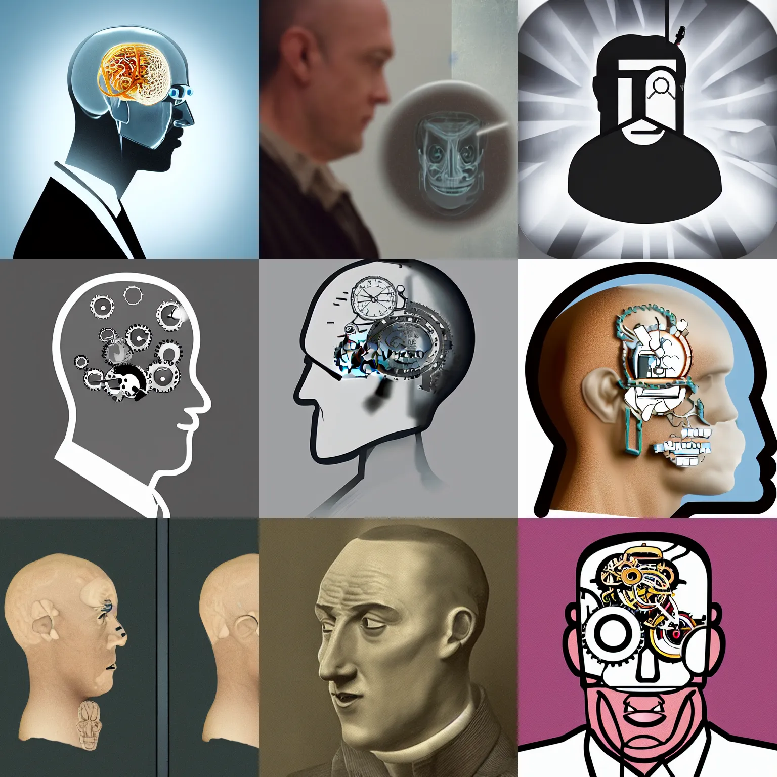 Prompt: profile photograph of a stupid man with a transparent head and a clockwork brain