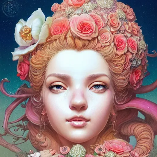 Prompt: a beautiful detailed front view portrait of princess peach with ornate growing around, ornamentation, flowers, elegant, beautifully soft lit, by wayne barlowe, peter mohrbacher, kelly mckernan