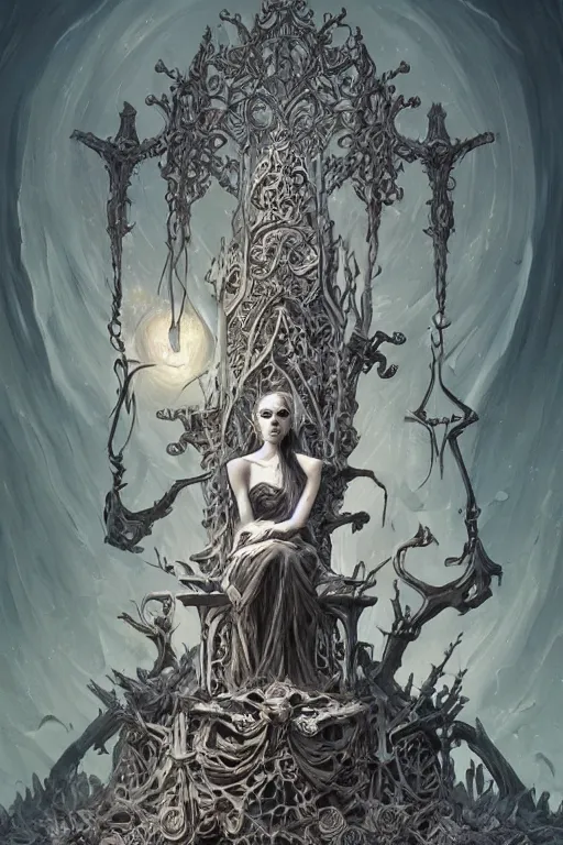 Prompt: an illustration of the blind bone goddess on her throne of bones, full figure, intricate, gothic, highly detailed, digital painting, trending on artstation, smooth, sharp focus, illustration, art by greg rutkowski, loish, rhads, makoto shinkai and lois van baarle, ilya kuvshinov, rossdraws