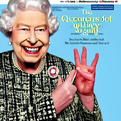 Image similar to the queen of england grinning rudely and pointing her middle finger, in a magazine cover photo. highly detailed hands