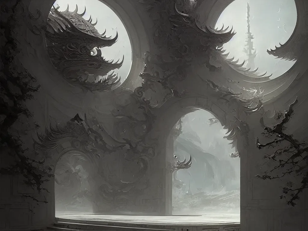 Image similar to circular gate in a white wall, leading to heaven. chinese architecture. fantasy. detailed. smooth. sharp focus. trending on artstation. artist greg rutkowski.