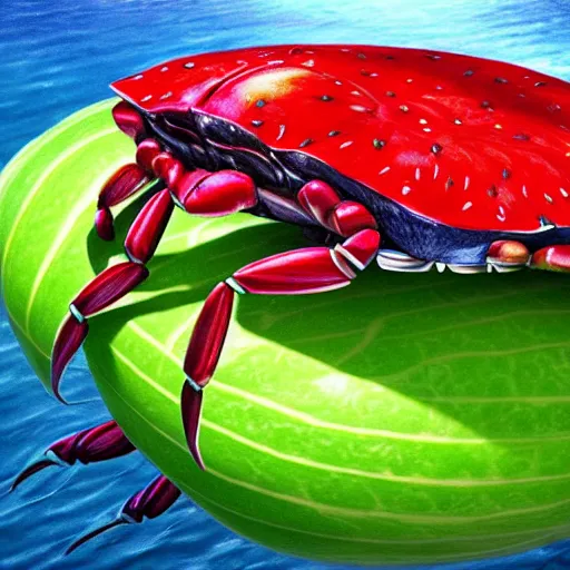 Image similar to photorealistic watermelon colored crab. hyperdetailed photorealism, 1 0 8 megapixels, amazing depth, glowing rich colors, powerful imagery, psychedelic overtones, 3 d finalrender, 3 d shading, cinematic lighting, artstation concept art