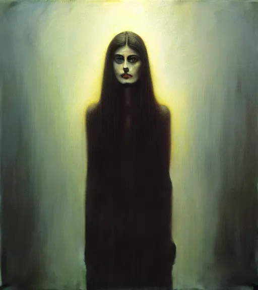 Image similar to A beautiful portrait of Alexandra Daddario, painting by Zdzisław Beksiński, utopian realism, formalism, doomsday