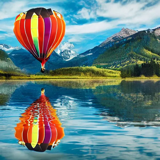 Image similar to photo of two black swans touching heads in a beautiful reflective mountain lake, a colorful hot air balloon is flying above reflecting off water, hot air balloon, intricate, 8k highly professionally detailed, centered, HDR, CGsociety