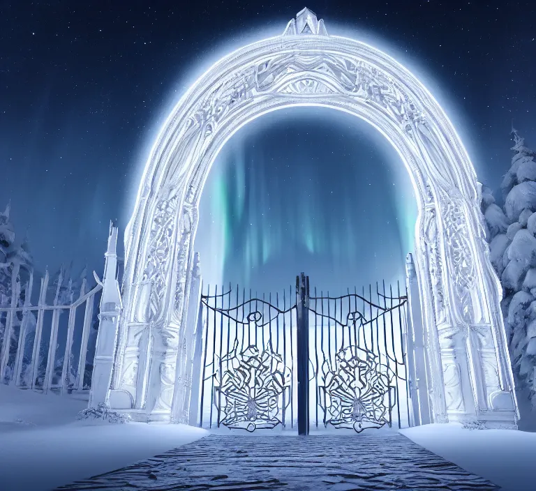 Image similar to a very detailed concept art of intricate and scandinavian white gates to aurora borealis, trending on artstation, symmetry, digital art, 4 k, hyper realistic, octane render, sharp focus