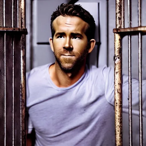 Prompt: photo of Ryan Reynolds in jail, looking sad, highly detailed, high quality, HD, 4k, 8k, Canon 300mm, professional photographer, 40mp, lifelike, top-rated, award winning, realistic, sharp, no blur, edited, corrected, trending