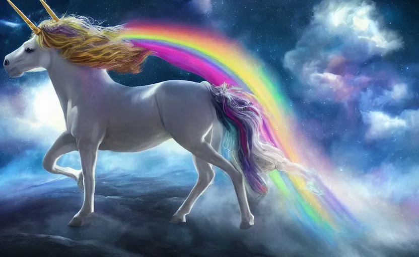 Image similar to an oil painting of a unicorn walking on an rainbow in space, masterpiece, highly detailed, high quality, 4K, anatomically correct, hyperrealistic, concept art, octane render, unreal engine 5, trending on Artstation, trending on DeviantArt, matte, historical painting, fantasy style, path traced, high coherence, soft lighting, digital painting, mythical