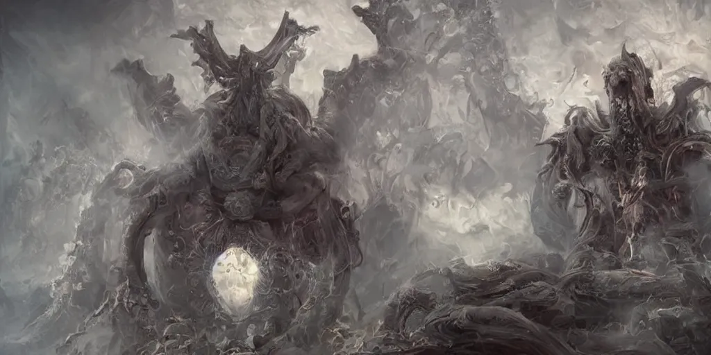 Image similar to portrait of necromancer priest in an invoking ritual in front of a giant cthulhu in a large landscape, intricate, elegant, glowing lights, highly detailed, digital painting, concept art, smooth, sharp focus, illustration, wide - angle portrait, atmospheric lighting, rich deep colors masterpiece, fractal crystals