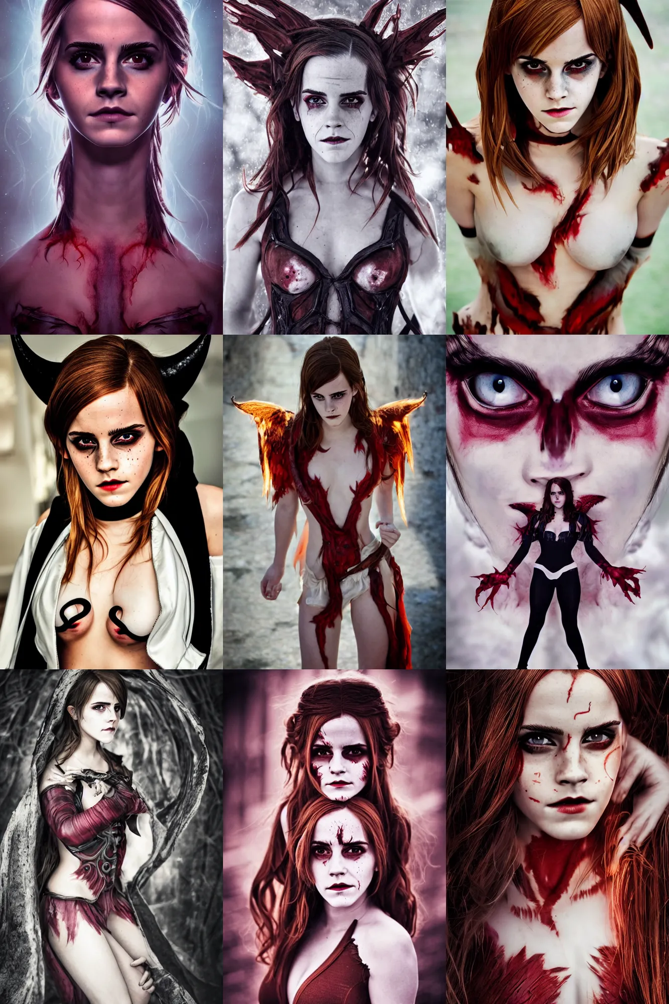 Prompt: emma watson cosplay hot! demonic entity! costume, all body! shot, perspective, colored, perfect symmetrical face!, perfect eyes!!, by charlotte grimm, natural light, sharp focus, detailed face, canon eos c 3 0 0, ƒ 1. 8, 3 5 mm, 8 k, smooth, illustration