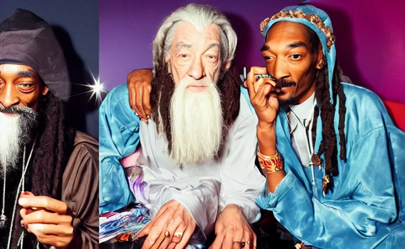 Image similar to a smartphone picture of stoned gandalf and snoop dogg smoking a joint sitting on a couch in a neon night club,