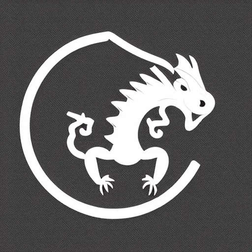 Image similar to a black logo on a white background of a very cute small dragon with well-designed head and gear wheel, vector graphics