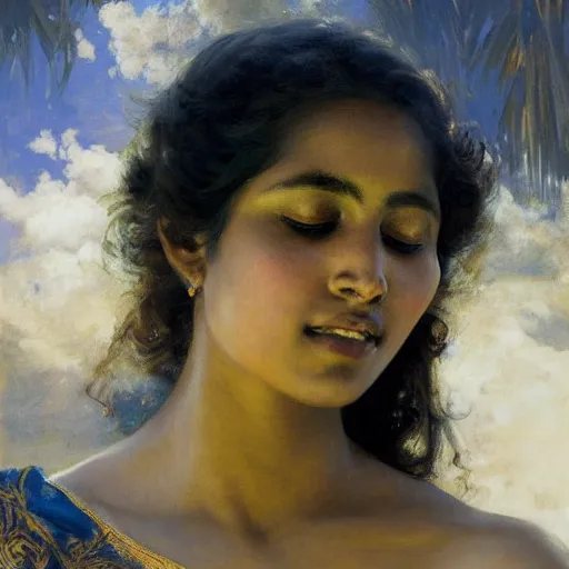Image similar to detailed portrait of sri lankan girl, girl graceful, eyes closed, painting by gaston bussiere, craig mullins, j. c. leyendecker