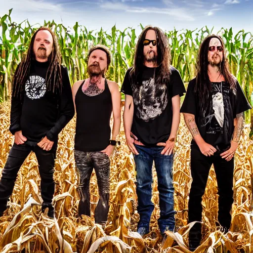 Prompt: photo of the band Korn lost in a corn maze, 4k