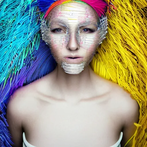 Prompt: hyper realistic woman with a weird head piece on her head, made of paperclips, made of insects, made of feathers, hybrid, bold natural colors, panfuturism, masterpiece, trending on artstation, photograph