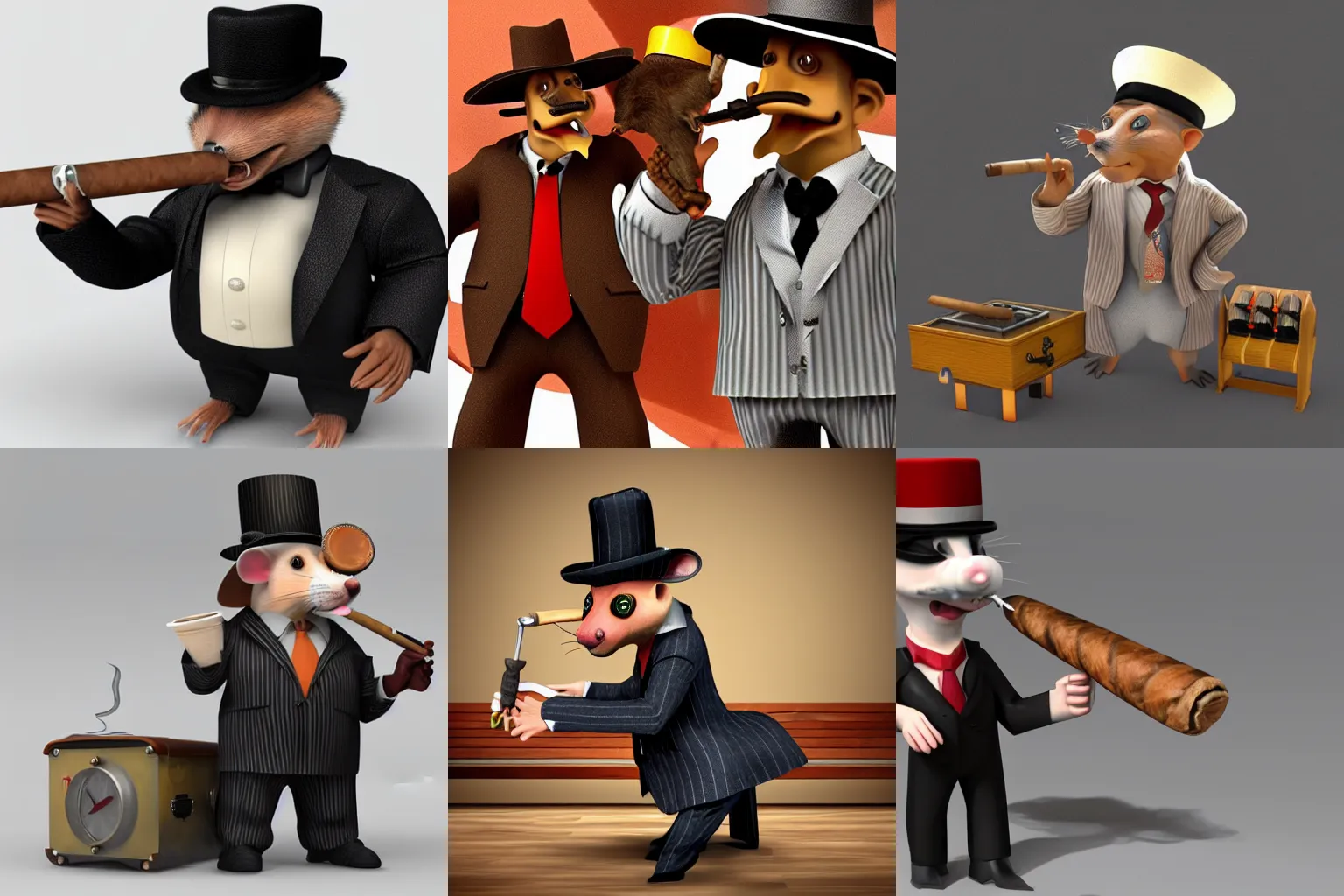 Prompt: 3d model of a male rat wearing a pinstriped suit and mafia-style hat, smoking a cigar and holding a semi-automatic submachine gun