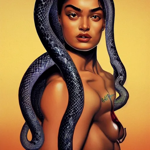 Image similar to Shanina Shaik as Medusa, snakes for hair, highly detailed, digital painting, artstation, concept art, smooth, sharp focus, illustration, art by Chris Achilleos, in the style of Medusa (1988) by Chris Achilleos.