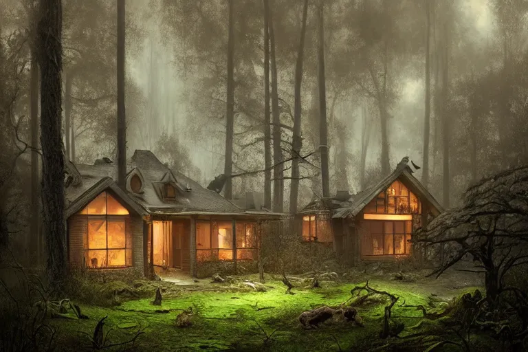 Image similar to a 1 9 5 0 s luminous house in the middle of a dark, gloomy, misty forest enveloped in moss and bark, illustrated by greg rutkowski and gaston bussiere, trending on artstation, intricately defined, complexly detailed, cgsociety contest winner, zbrush, mannerism, 4 k, grim lighting, misty atmosphere